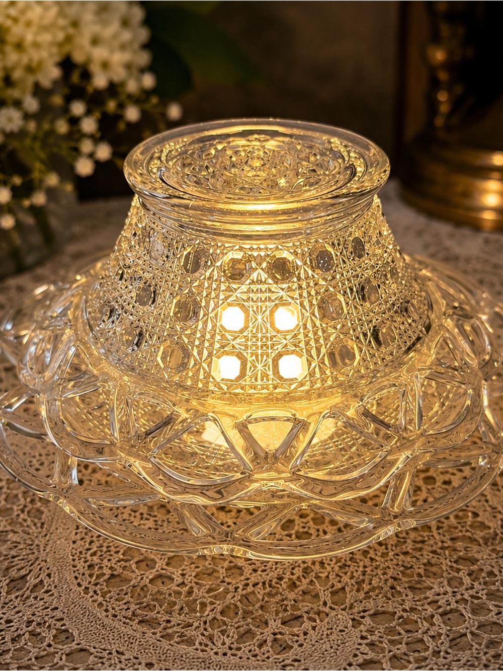 Imperial Glass Open Lace Edge Button Cane Fairy LampVintage Clear Pressed Glass